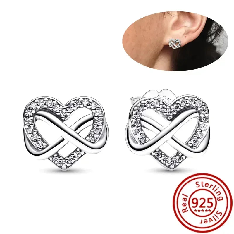 Sparkling 925 Sterling Silver Colorful Heart Zircon Round Huggie Bow Stud Earrings for Women Elegant Sweet Jewelry Gifts