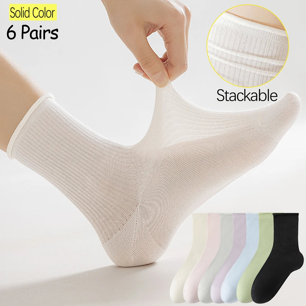 6 Pairs Modal Mid Calf Women Socks Mesh Ventilated Stretch