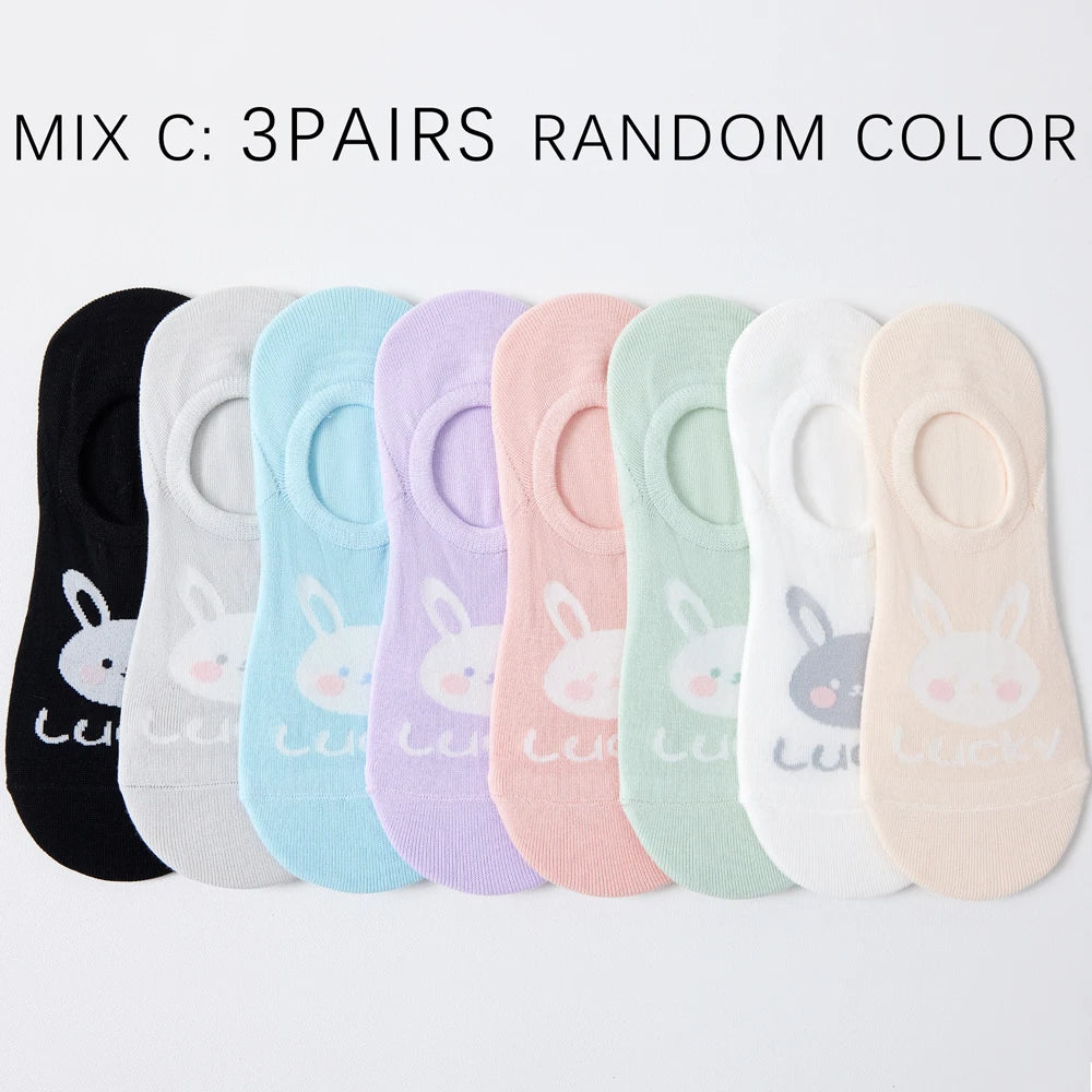 Kawaii Rabbit No Show Socks For Women 3 Pairs Cotton