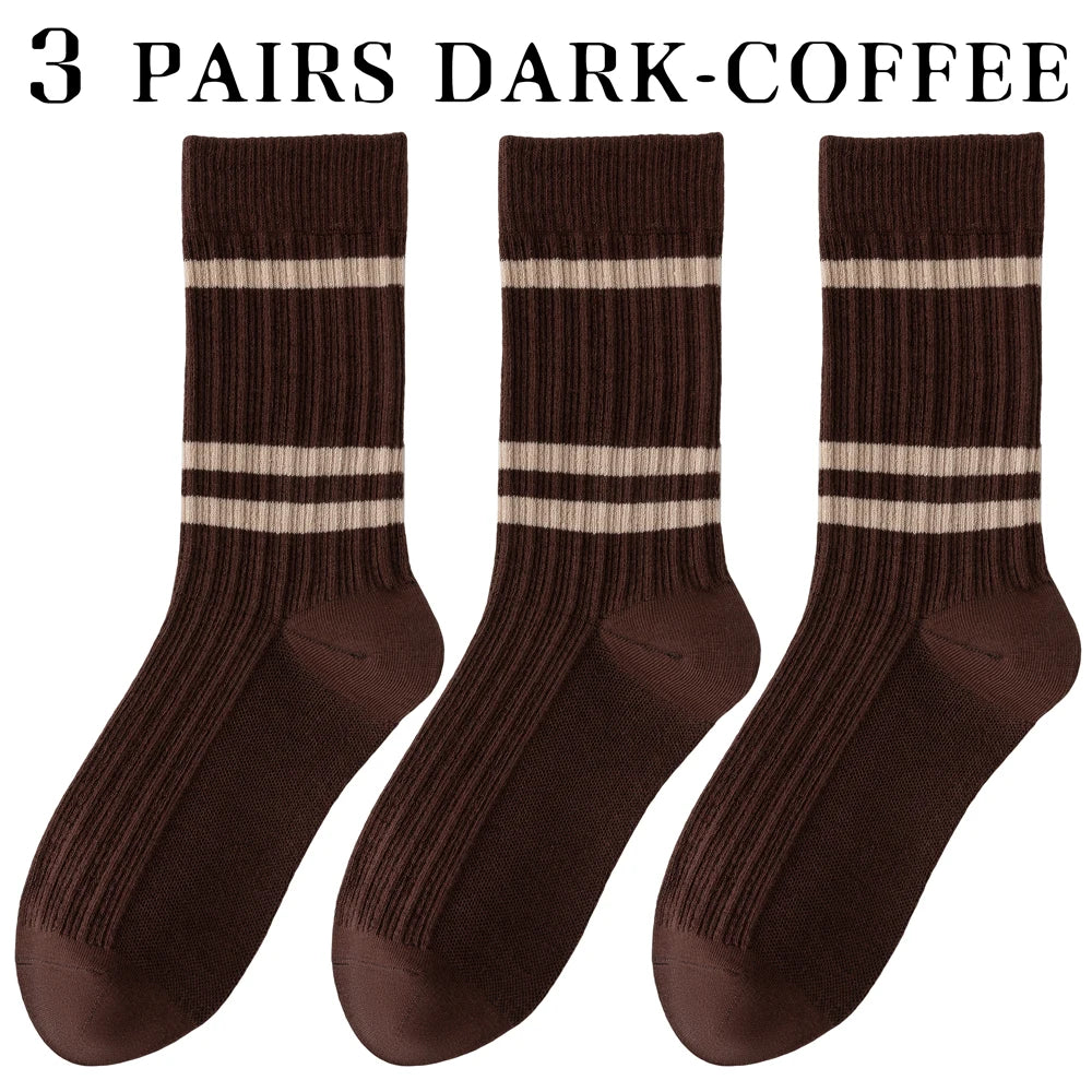 3 Pairs Retro Athletic Mid Calf Double Knit Socks Women