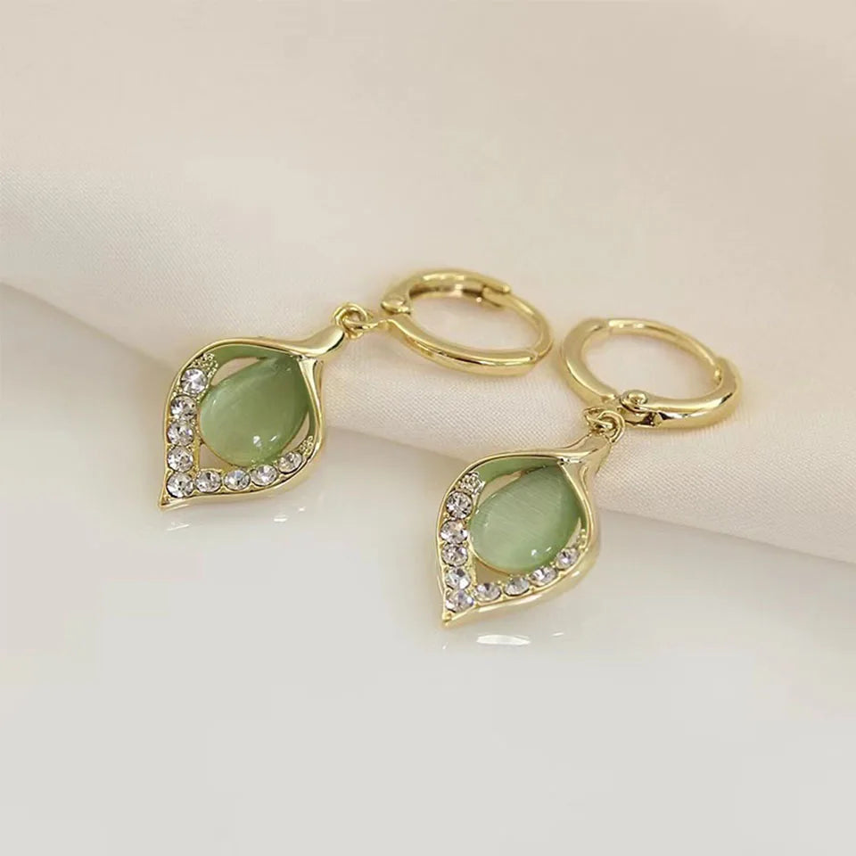 Korean Angel Eye Gold-Plated Hoop Earrings with Rhinestone Tulip Design for Women Green