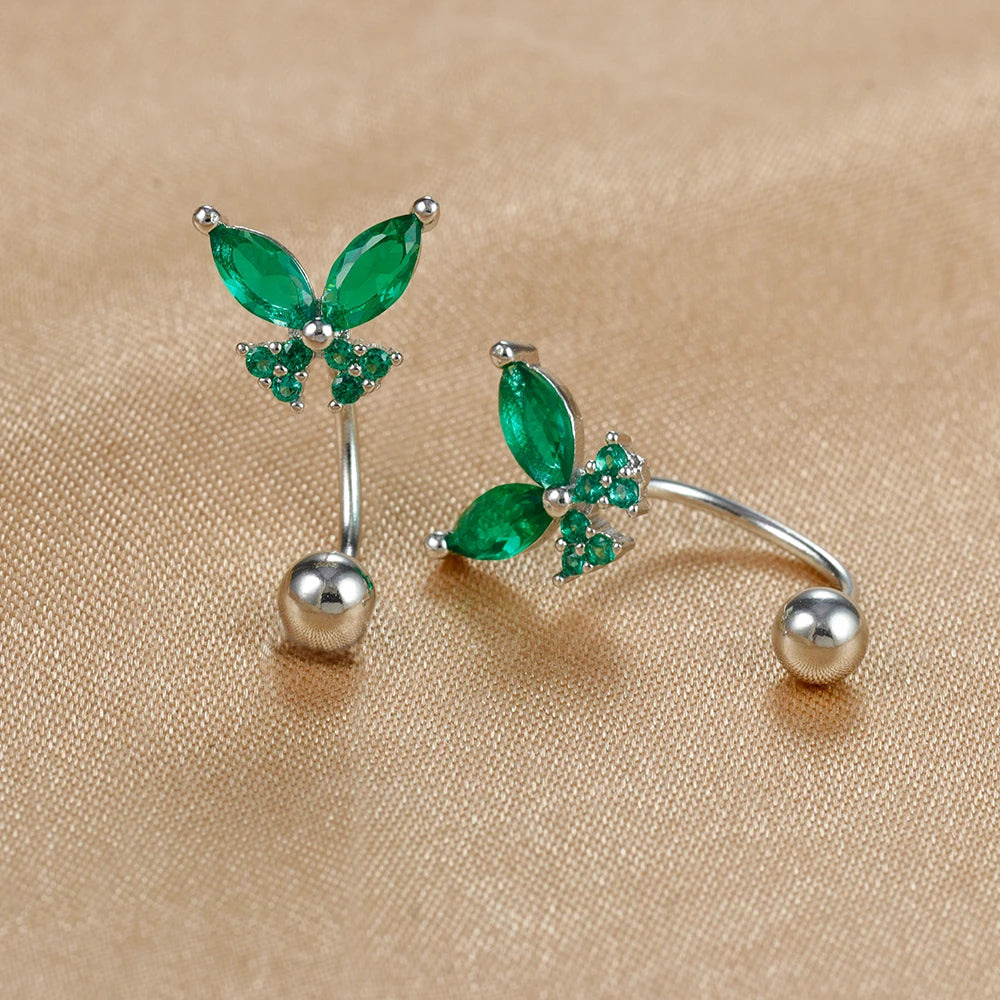 Stainless Steel Green Crystal Butterfly Earring Minimalist U-Shape Helix Studs for Tragus and Cartilage Piercing