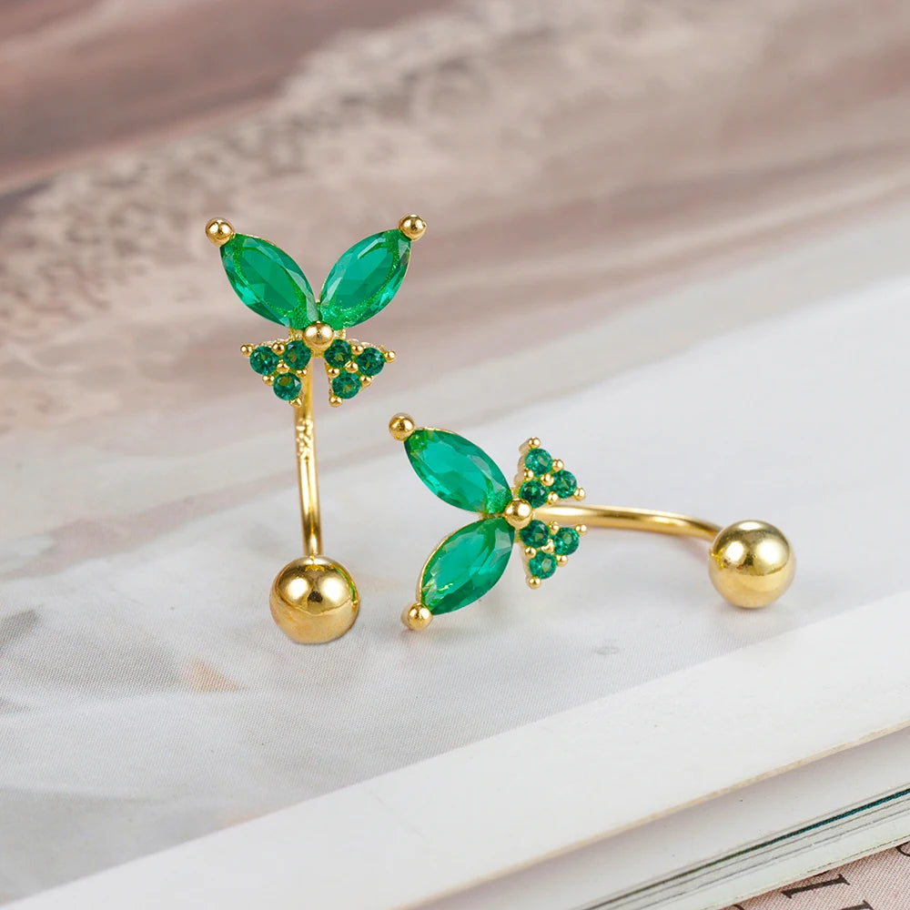 Stainless Steel Green Crystal Butterfly Earring Minimalist U-Shape Helix Studs for Tragus and Cartilage Piercing