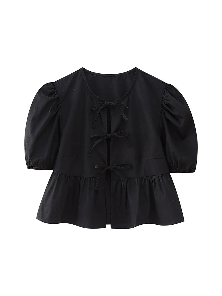 Hollow Lace Up O Neck Short Sleeve Blouse Chic For Women