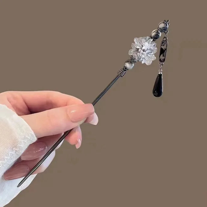 Elegant Ink Flower Tassel Hairpin Forks for Women - Modern Hanfu Hair Jewelry with Black Beads Fringe
