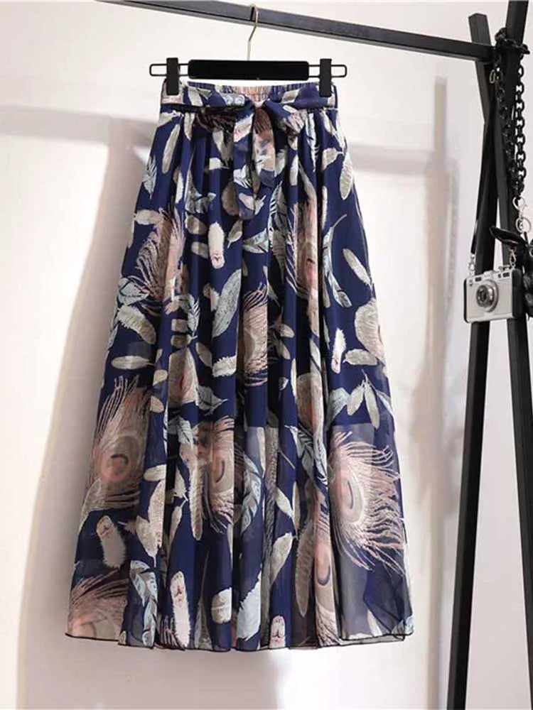 Chiffon Midi Skirt Women High Waist Korean Style White