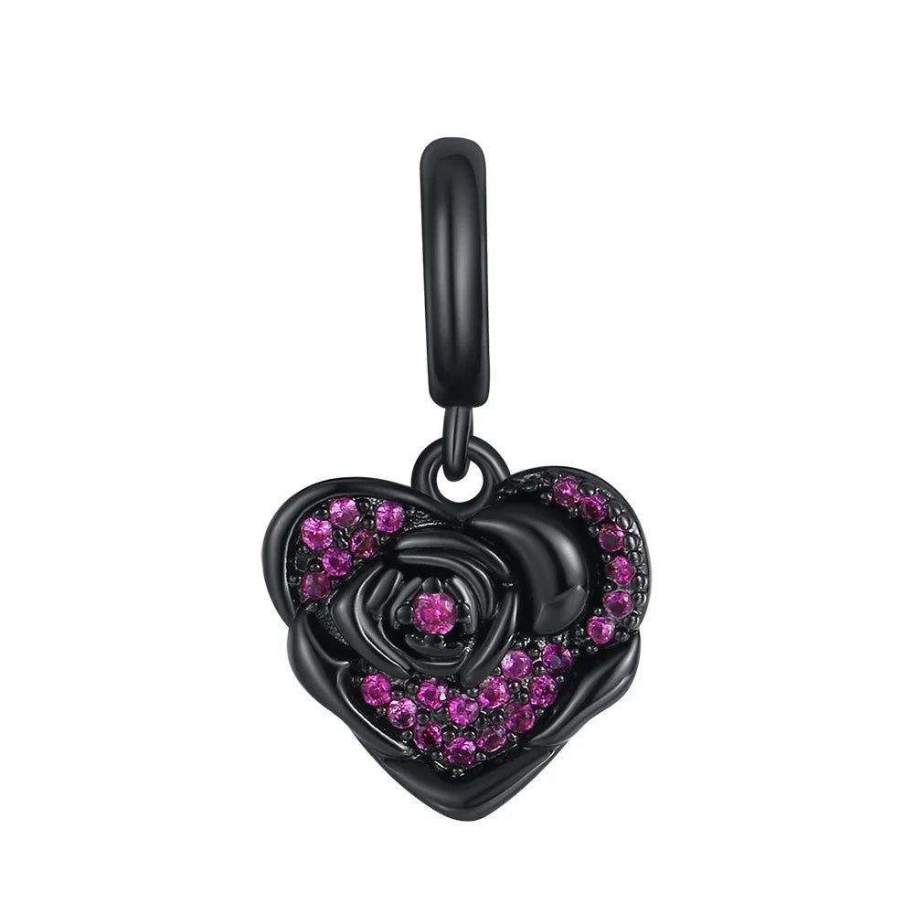 925 Sterling Silver Rose Sakura Flower Dangle Charm with Zircon for DIY Jewelry and Bracelets