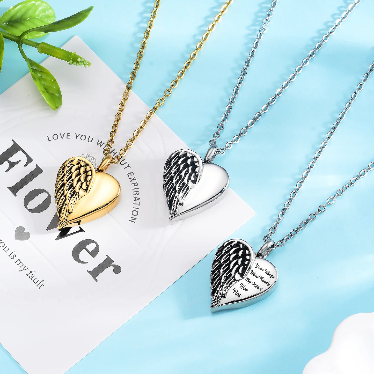 Customized Stainless Steel Angel Wing Heart Urn Necklace Memorial Keepsake Jewelry