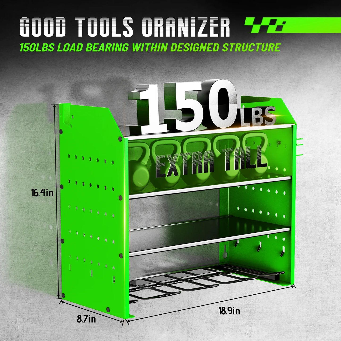 Heavy Duty Wall Mounted Power Tool Organizer with Battery Rack Pegboard and Multi Hooks