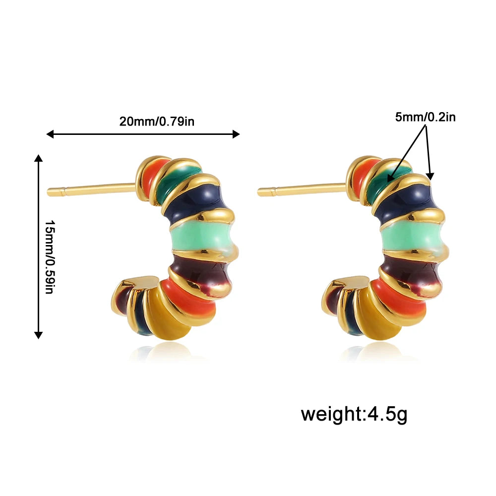 Kpop Multicolour Enamel Bamboo Hoop Earrings for Women - Stainless Steel C Shape Summer Jewelry