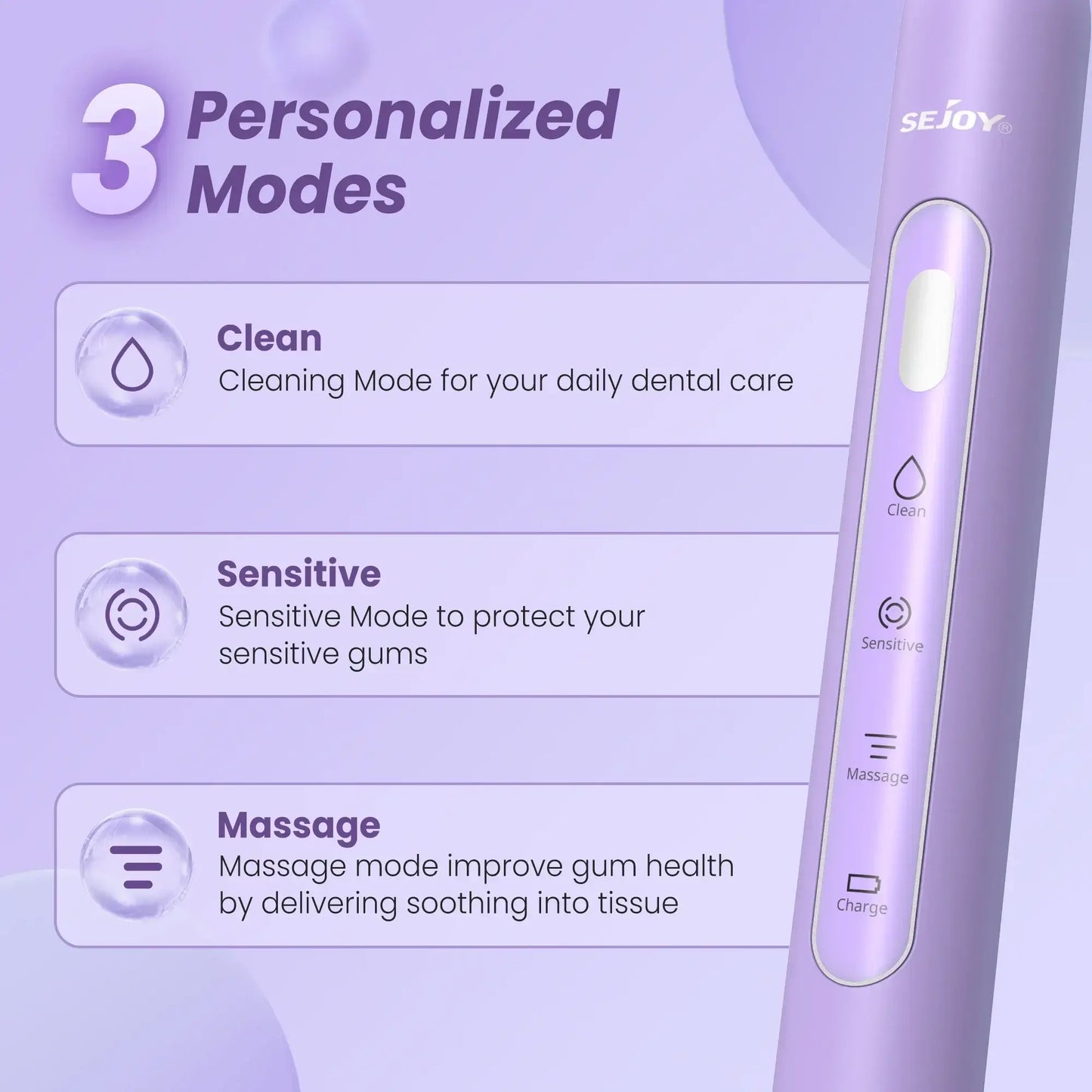 SEJOY Oral Cleaning Sonic Electric Toothbrush with 3 Modes Purple