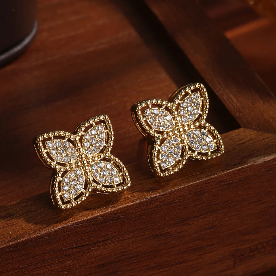 ZAKOL 18K Gold Four-Leaf Flower Cubic Zirconia Stud Earrings for Women