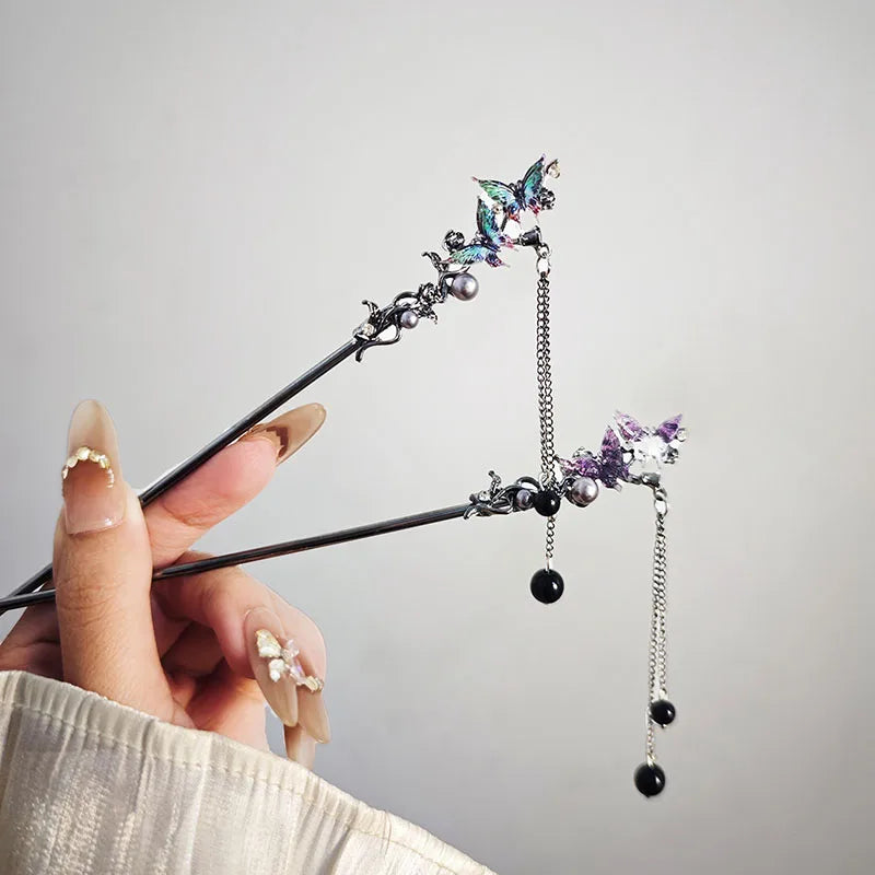 Elegant Double Butterfly Tassel Hair Stick for Vintage Chinese Style Hairwear