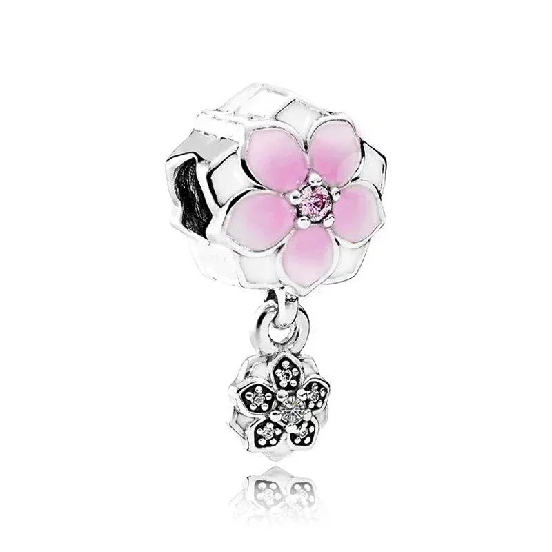 925 Sterling Silver Pink Flower Balloon Coffee Cup Charm Beads for DIY Bracelets Perfect Gift for Women AMC012178