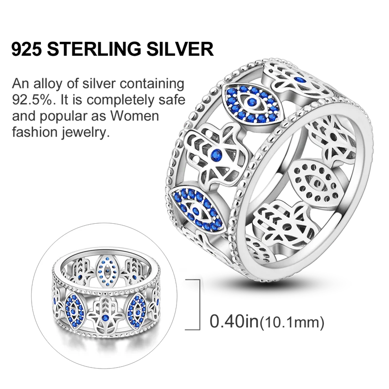 Blue Zircon Ring for Women in 925 Sterling Silver with Sparkling Evil Eye Palm Star Moon Design Fine Wedding Jewelry Gift LKTR272