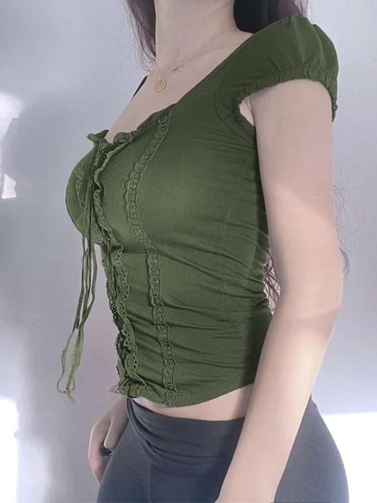Dozw Green Lace Crop Top Square Collar Women Y2K Chic