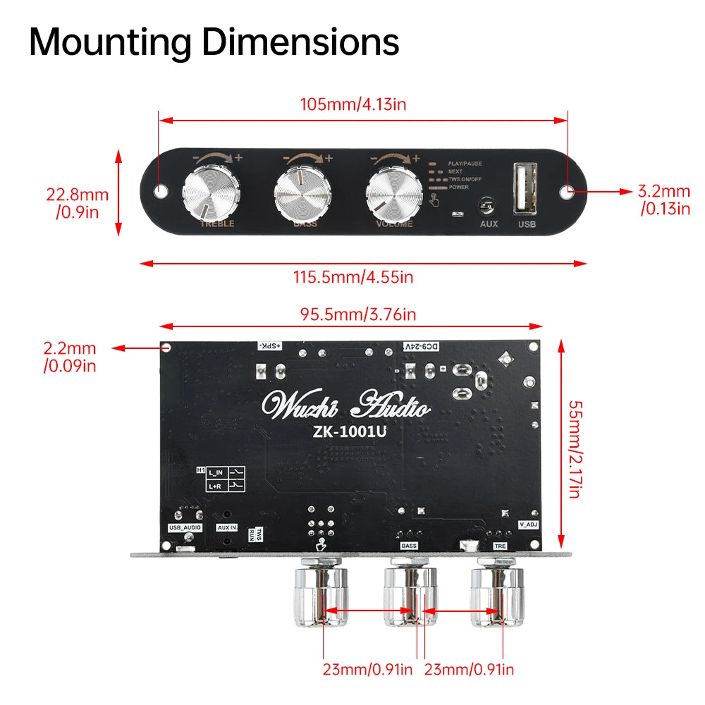 ZK-1001U 100W Bluetooth 5.3 Amplifier Board Module with AUX USB Flash Drive Support and DC 9-24V Compatibility