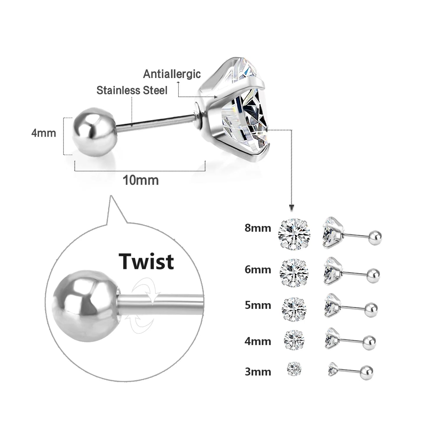 LUXUSTEEL Men's Crystal Zircon Stud Earrings 316L Stainless Steel Anti Allergic Cartilage Piercing 3-8mm