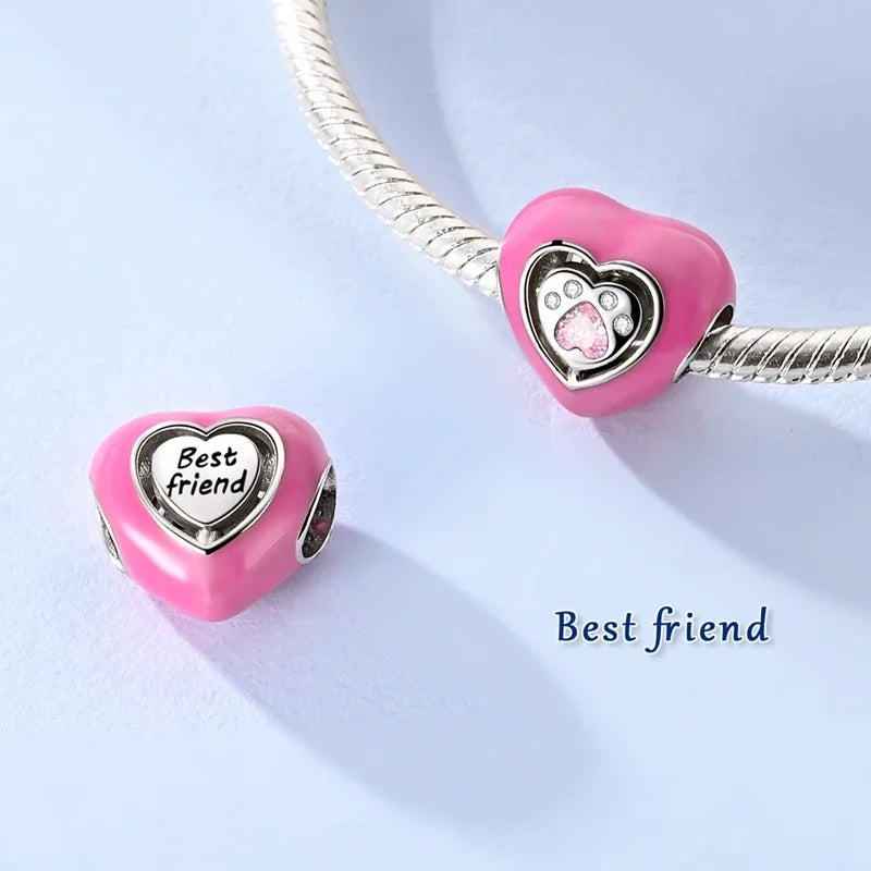 Sterling Silver Cat and Flower Heart Charm for DIY Bracelet Jewelry KTC1696