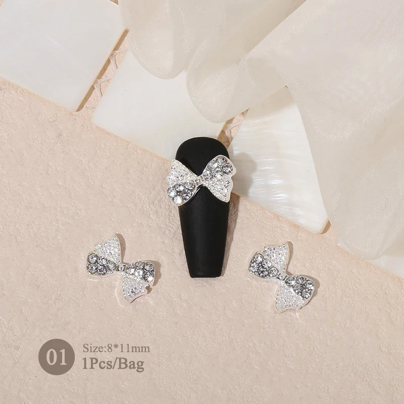 Elegant Gold Silver Metal Bowknot Nail Charm 3D Rhinestone Decor for DIY Manicure Art