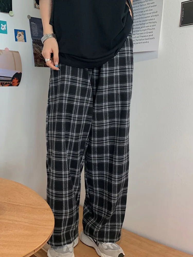 Black Plaid Wide Leg Pants Women Casual Harajuku Streetwear