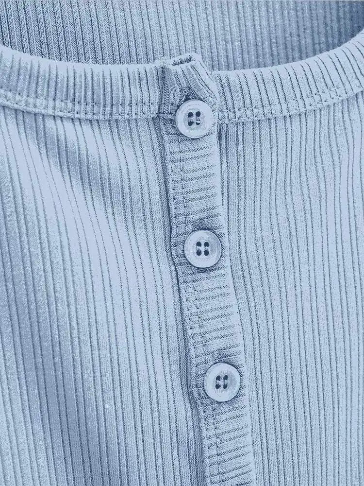 Women Ribbed Button Through Short Sleeve Slim Jersey Top
