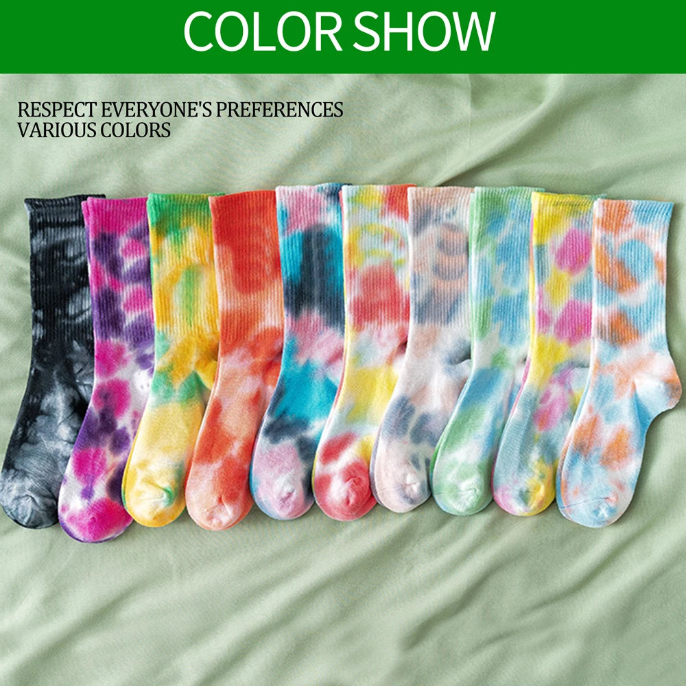 Handmade Tie Dye Mid Calf Cotton Socks For Women Breathable