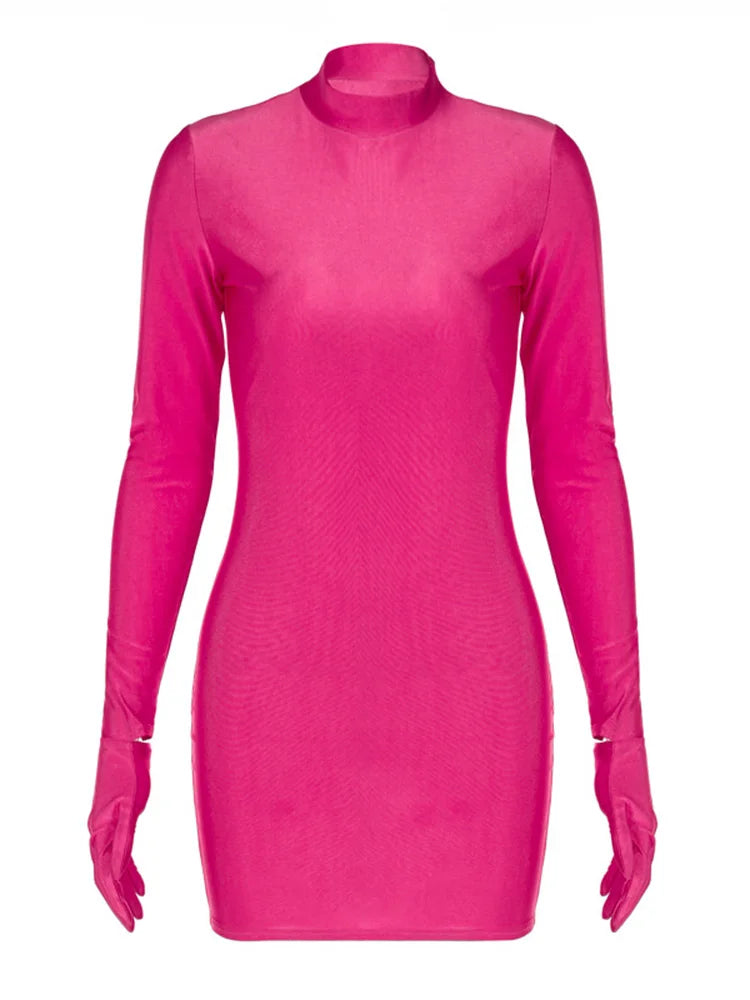 Solid Longsleeve Mini Bodycon Dress With Gloves Y2K