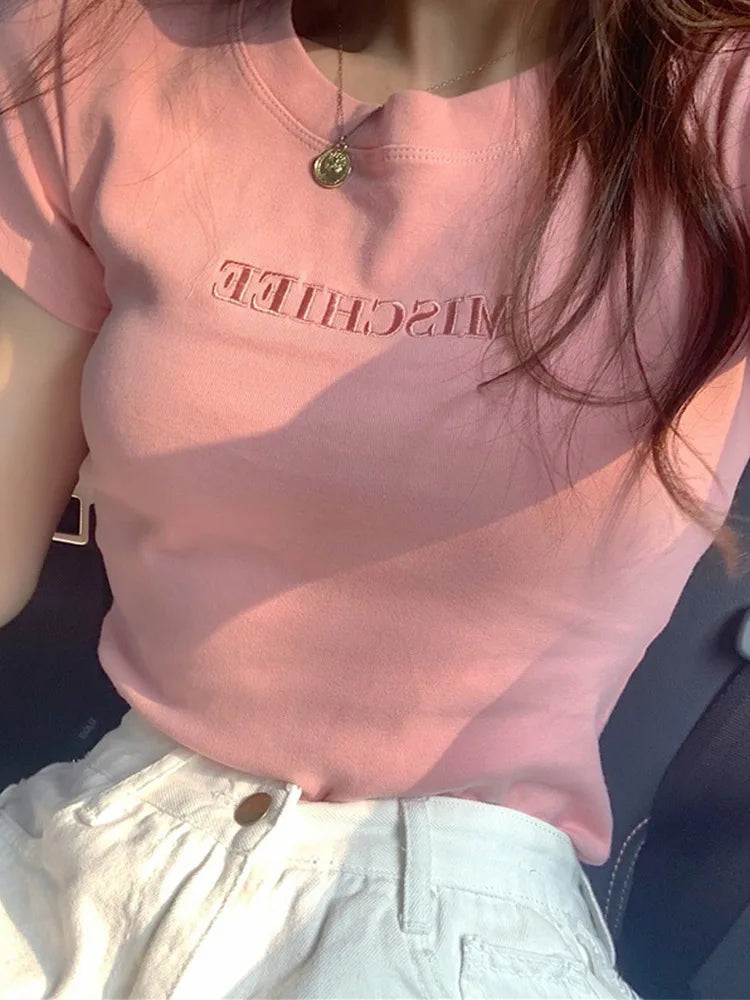 Dozw Cotton Embroidered Womens Slim Short Sleeve T Shirt