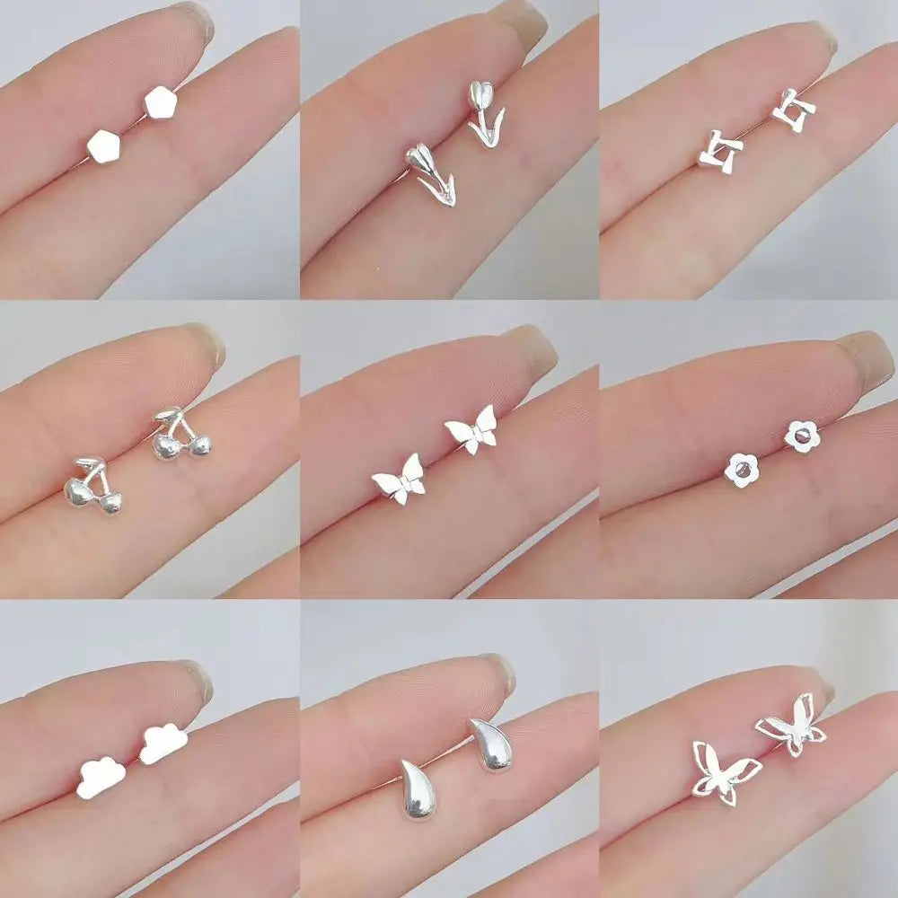 925 Silver Mini Stud Earrings for Women Heart Star Butterfly Dinosaur Design
