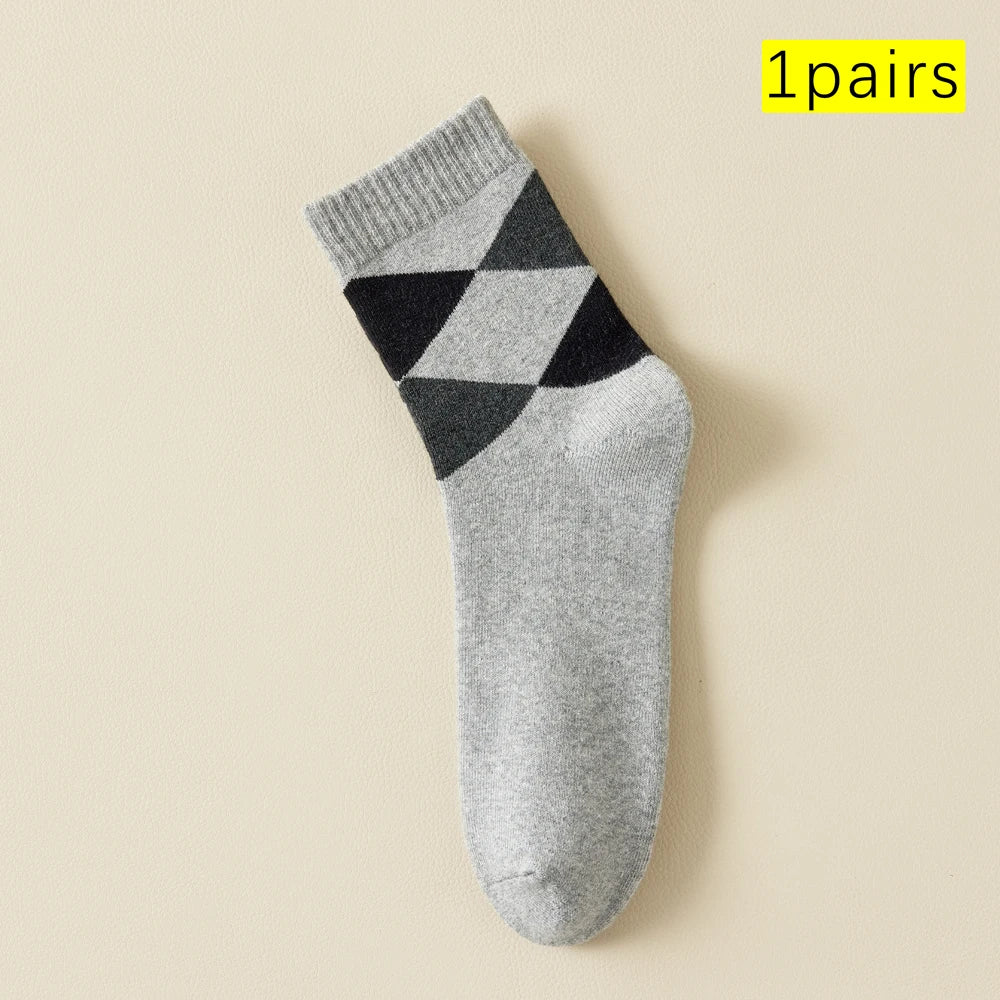 Mens Retro Argyle Cotton Fleece Lined Mid Calf Socks
