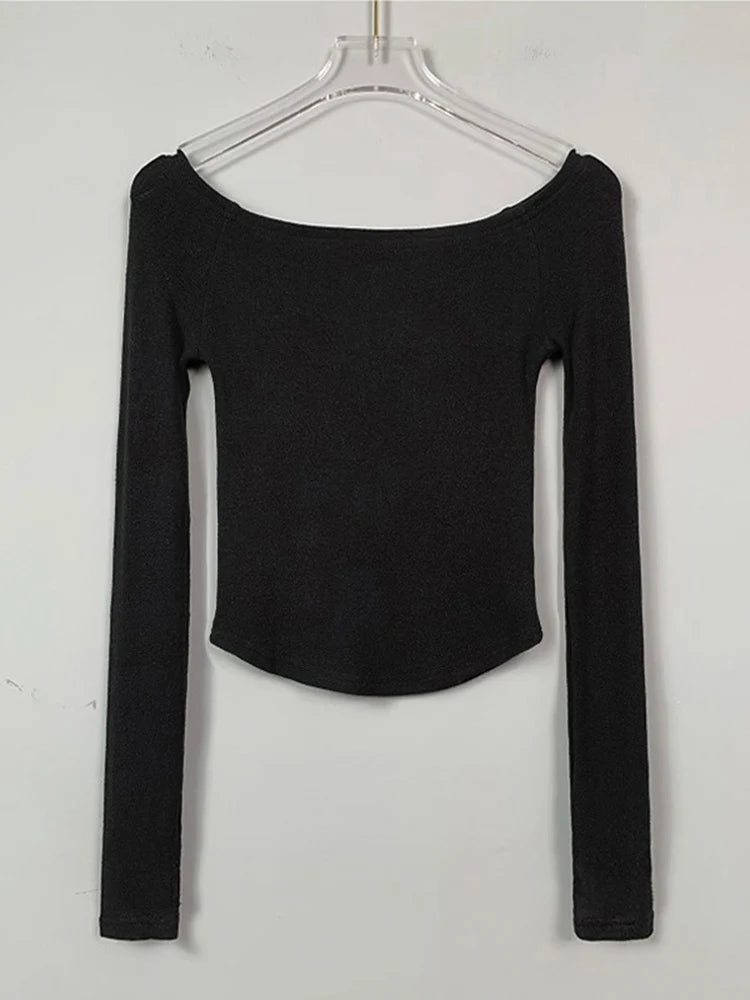 Slash Neck Crop Tee Women Slim Cotton Top Black White