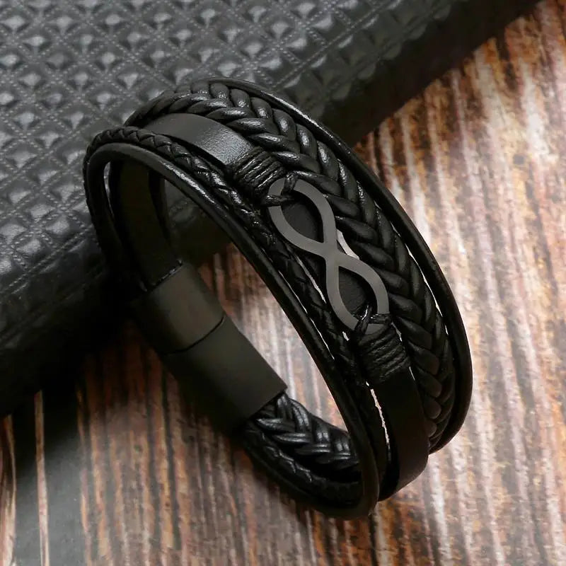 Men's Leather Bracelet with Stainless Steel Tree of Life Charm - Stylish Multi-Layer Fashion Accessory
