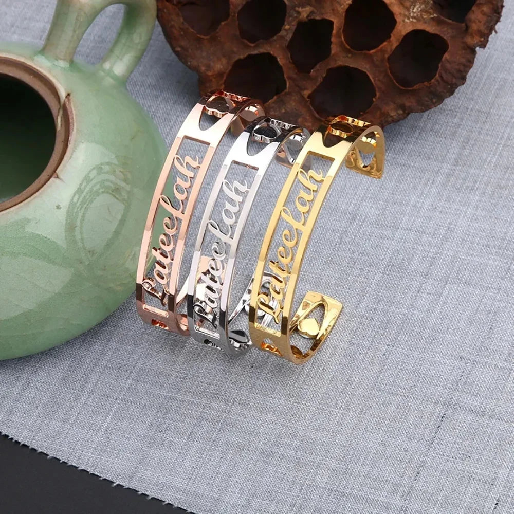 Custom Name Bracelet Hollow Heart Gold Bangle Fashion Jewelry Valentine's Day Gift