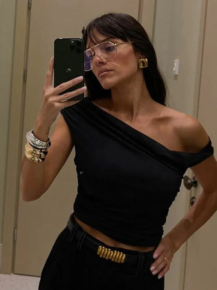 Dozw Skew Collar Sleeveless Bodycon Ruched Tank Top Women