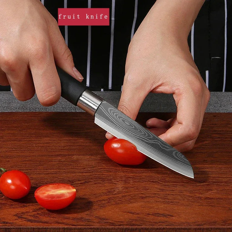 Laser Damascus Pattern Stainless Steel Kitchen Knife Set With Scissors And Sharpening Rod For Precision Cutting And Chef Use
