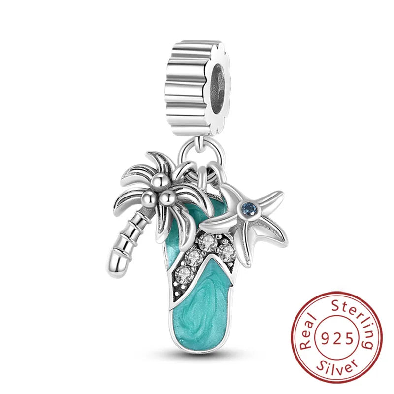 925 Sterling Silver Ocean Turtle Beach Charms Blue Shell