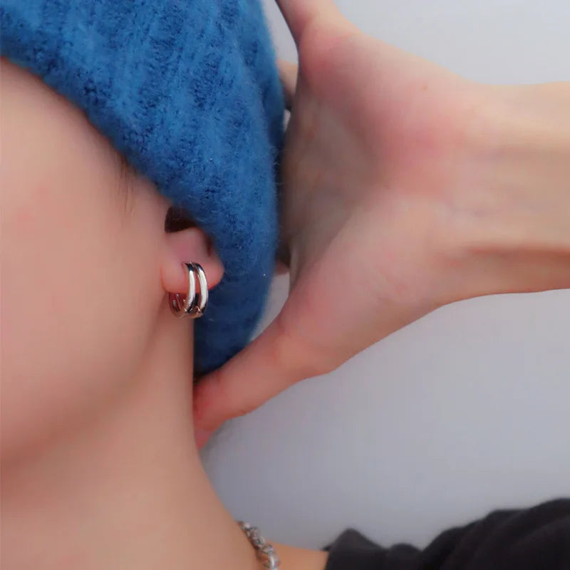 Hollow Double Ring Small Hoop Earrings for Men and Women - Trendy Black Silver Hip Hop Gothic Ear Jewelry