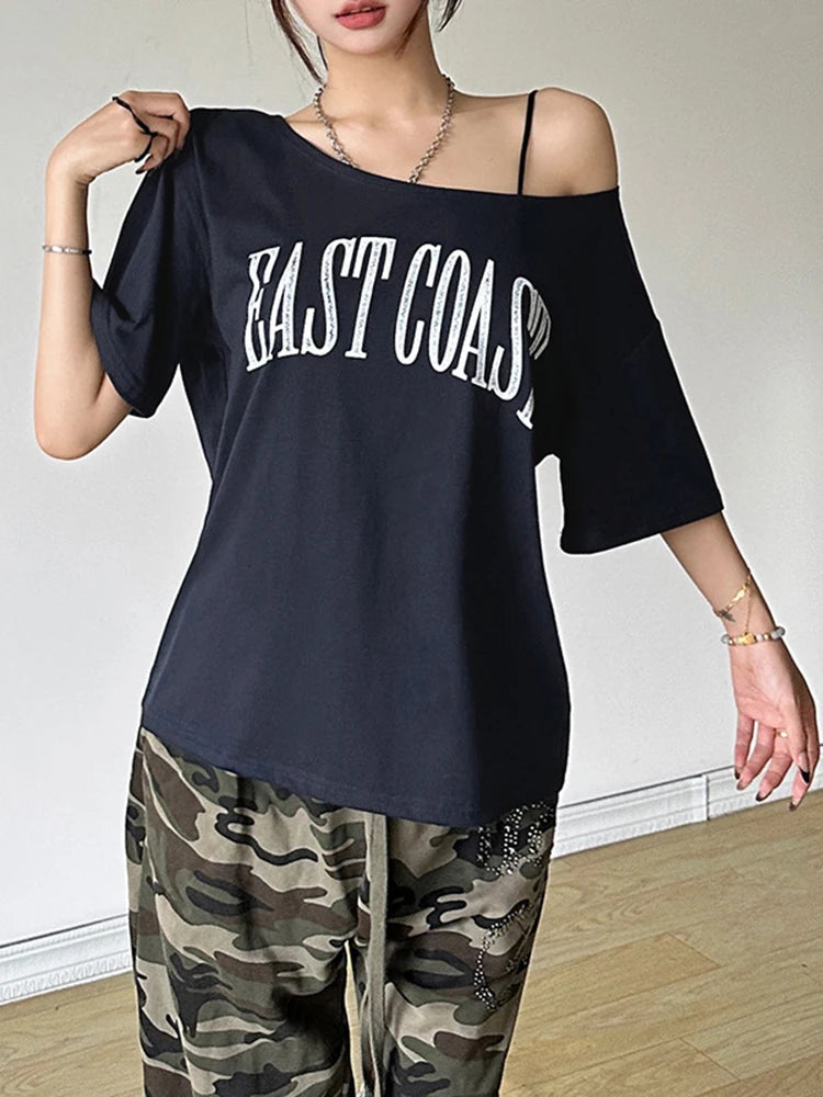 Off Shoulder Letter Print Tee Women Casual Summer Top
