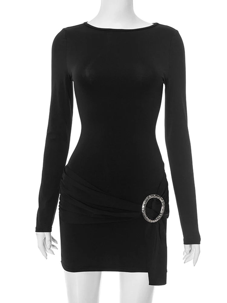 Elegant Solid Color Round Neck Long Sleeve Pleated Dress