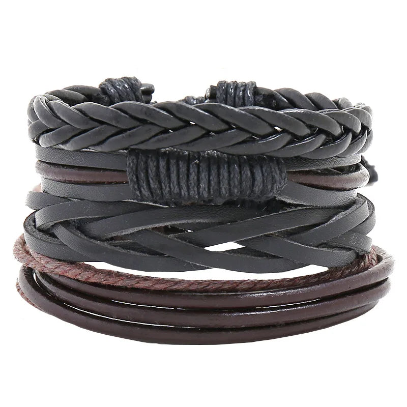 ZORCVENS Men's Handmade Braided Leather Bracelet Set - Vintage Black Punk Fashion Gift