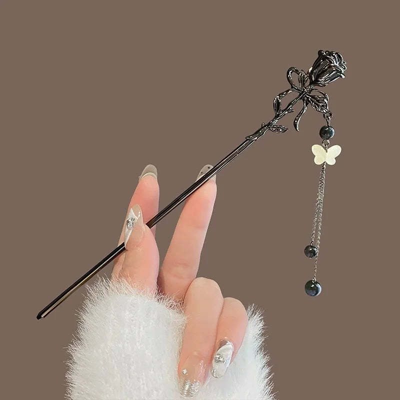 Elegant Ink Flower Tassel Hairpin Forks for Women - Modern Hanfu Hair Jewelry with Black Beads Fringe