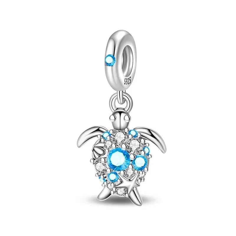Summer Murano Glass Sea Turtle Dangle Charm Colorful Crystal Zircon Pendant 925 Sterling Silver Fine Jewelry for Original Bracelets