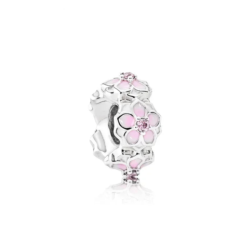 925 Sterling Silver Pink Flower Balloon Coffee Cup Charm Beads for DIY Bracelets Perfect Gift for Women AMC0092
