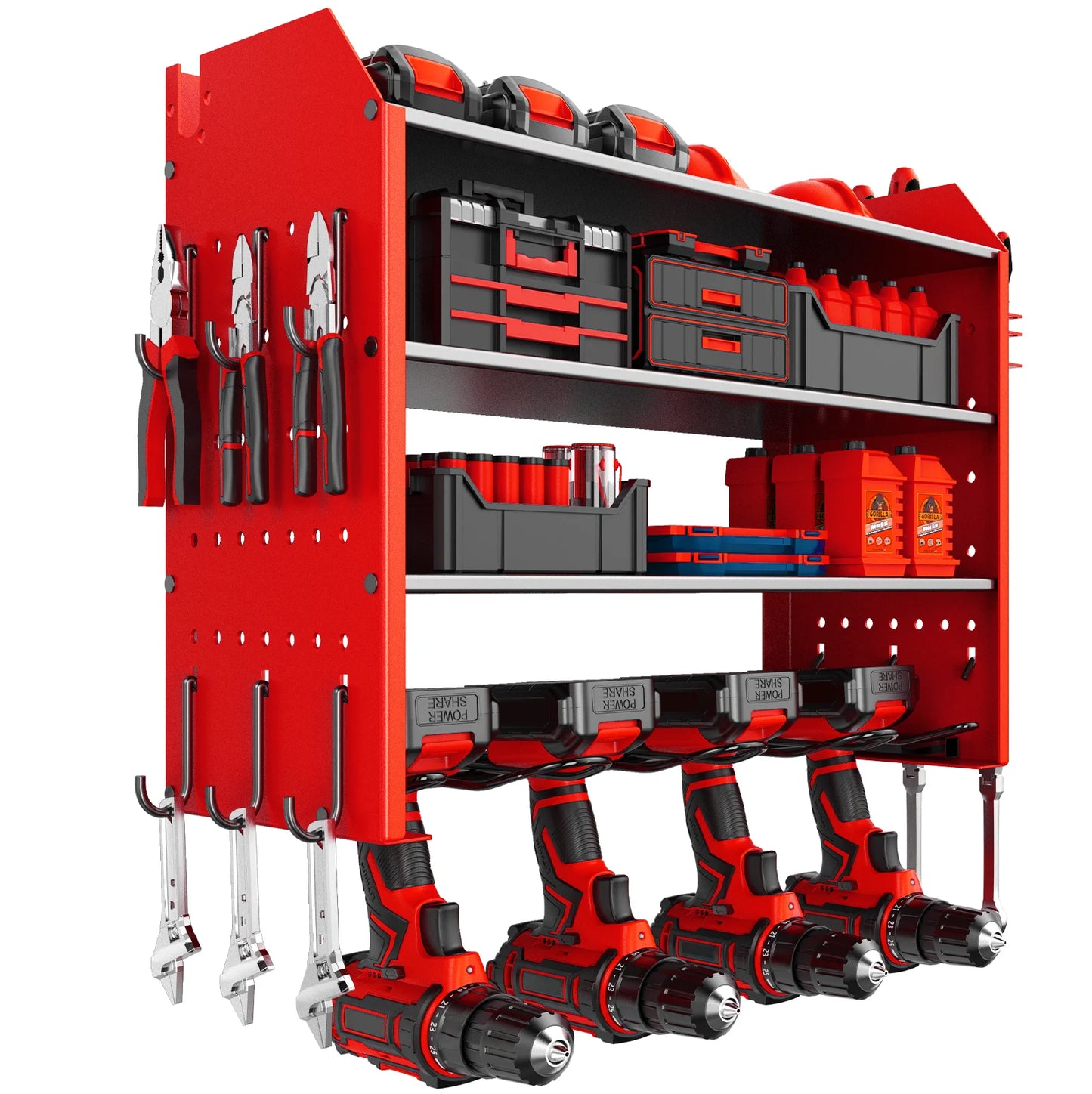 Heavy Duty Wall Mounted Power Tool Organizer with Battery Rack Pegboard and Multi Hooks