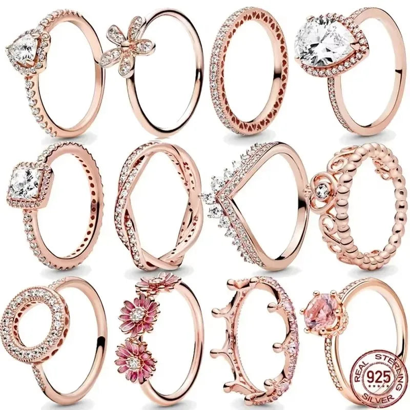 Elegant 925 Sterling Silver Rose Gold Zircon Crown Ring for Women