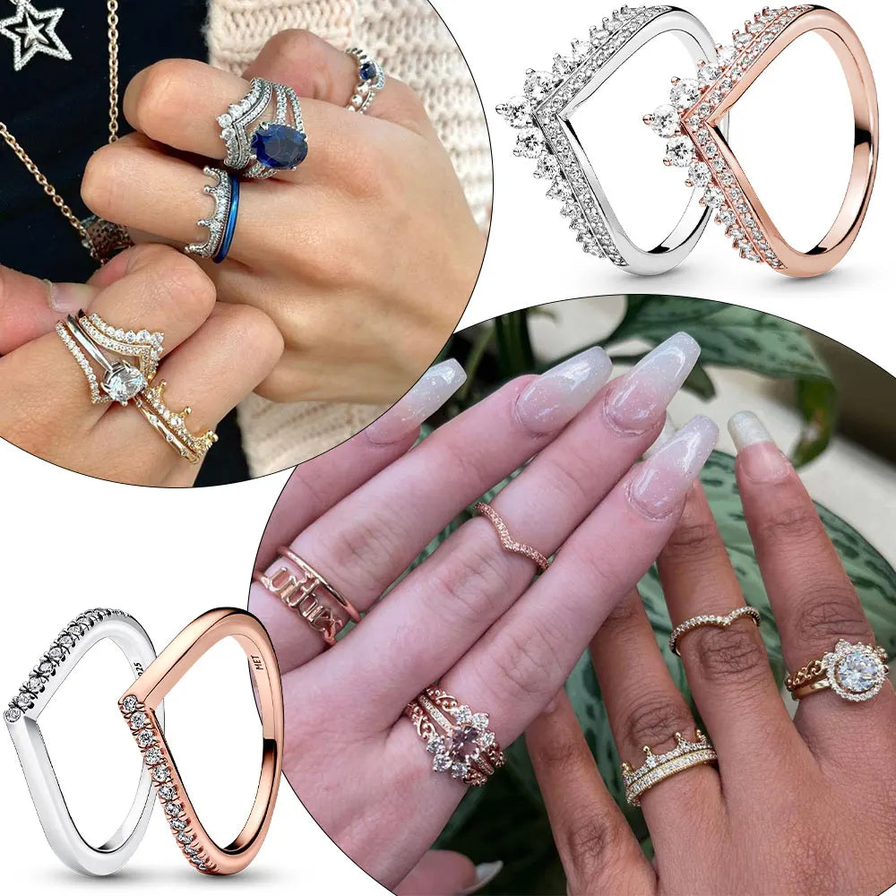 Crown 925 Sterling Silver Rose Gold Stackable Ring with Shiny Zircon for Women Perfect Wedding and Party Gift PAR007-C