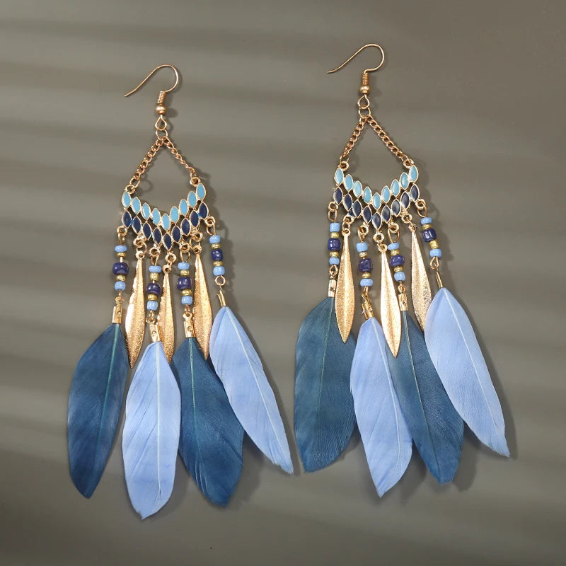 Bohemian Long Feather Drop Earrings with Tassel Beads and Enamel Flowers for Women