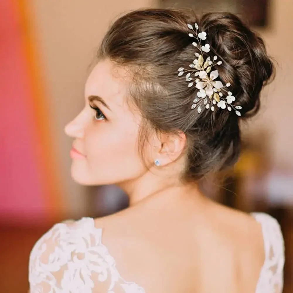 Gold Leaf Bridal Hair Accessory Set - 36 Pack of Pearl Combs, Rhinestone Pins, and Spiral Clips