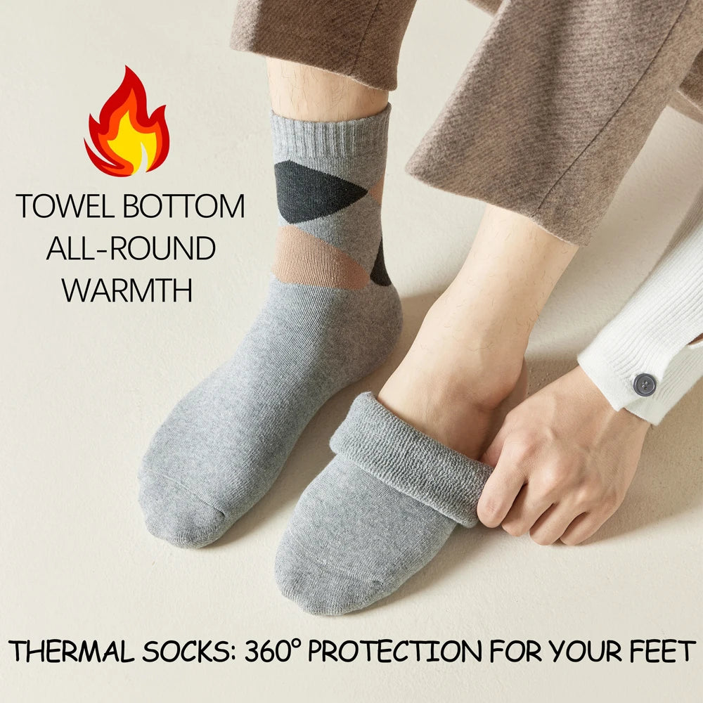 Mens Retro Argyle Cotton Fleece Lined Mid Calf Socks